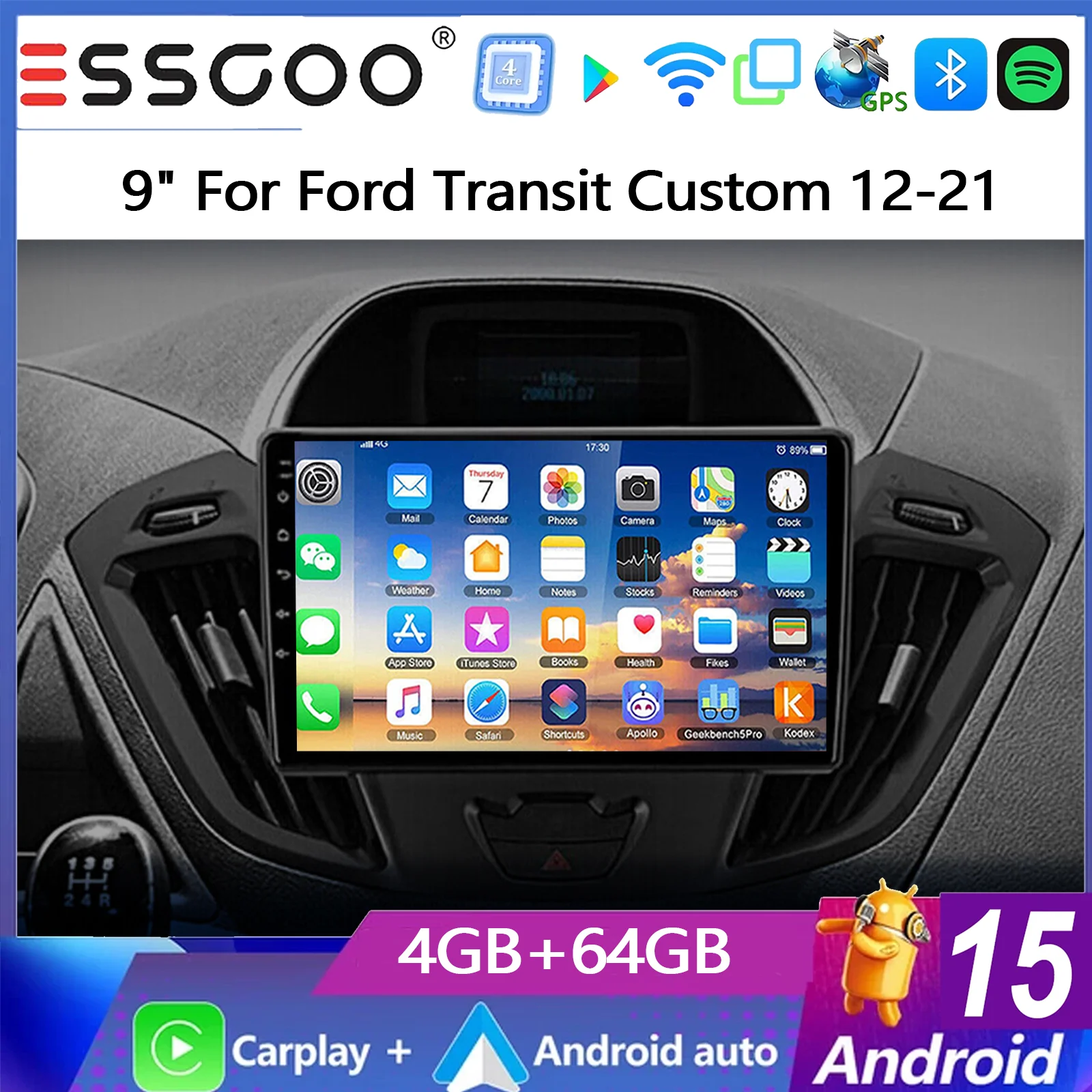 ESSGOO Android 15 9" 4+64G Autoradio für Ford Transit Custom 2012-2021 Wireless Carplay Android Auto GPS Navigation Bluetooth FM WiFi RDS Lenkradsteuerung Mirror Link Multimedia Videoplayer