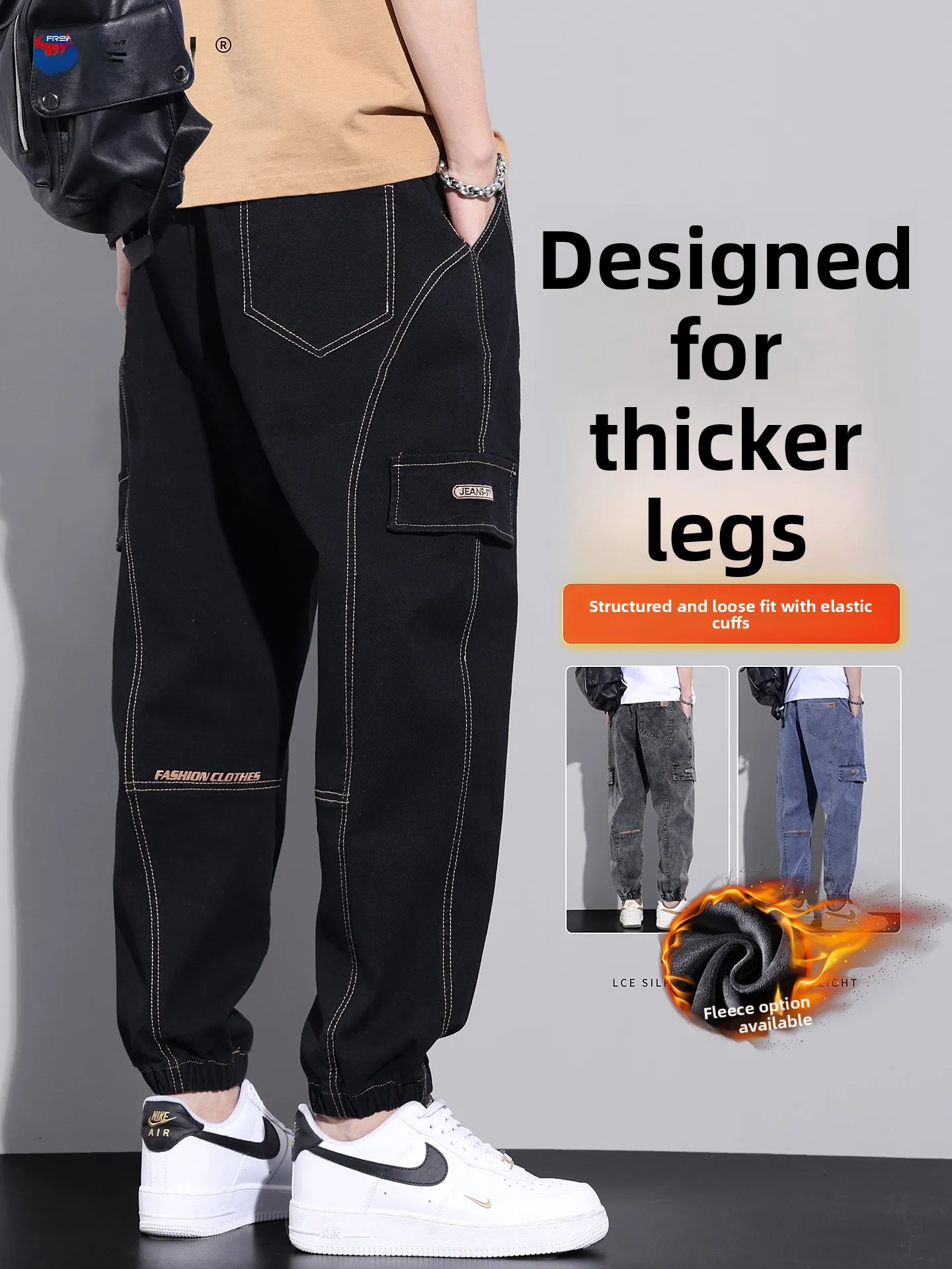 

Men's Workwear Jeans Thickened Fleece Loose Casual Winter Pants Harlan Style Elastic Waist Cotton Polyester Blend Denim