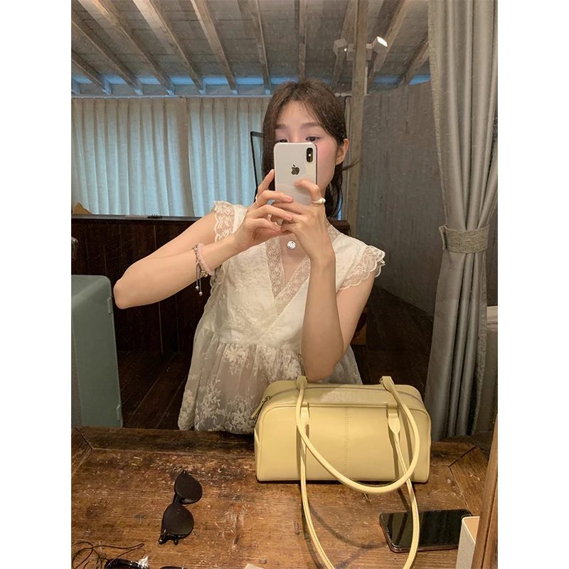 

MEXZT Elegant Shirts Women Fashion Lace Sheer Embroidery Patchwork Blouses Summer Ladies Korean V Neck Flying Sleeve Design Tops