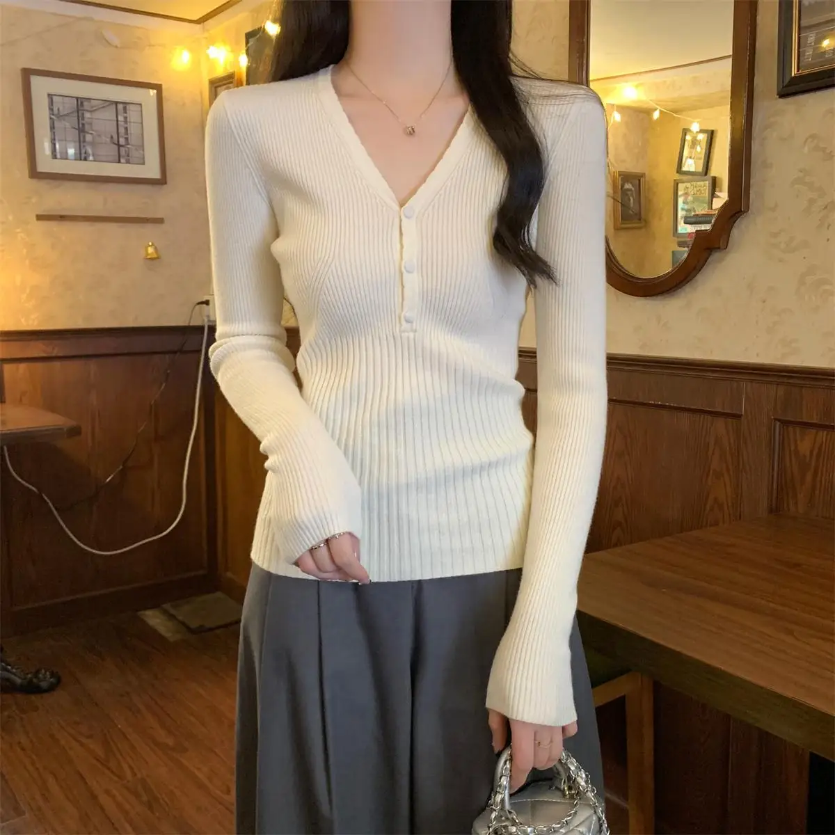 Women's V-neck Long Sleeve Knitted Vest Slim Fit Base Layer Top Fashionable Commute Sle Autumn Winter Light Beige Shirt