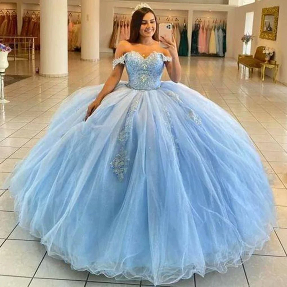 Vestido de baile sem ombro com beading, vestido de festa de aniversário da princesa, azul claro, 15 anos