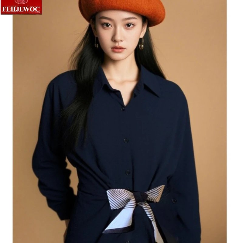 

Shirring Waist Lace-Up Tops Blouses New Women 2025 Autumn Long Sleeve Chic Korea Japan Style Girls Retro Vintage Bow Tie Shirts