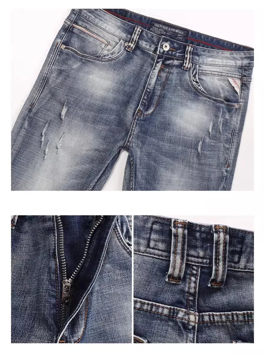 Fashion Designer Men Jeans Retro Washed Blue Elastic Slim Fit Ripped Jeans Men Trousers Italian Style Vintage Denim Pants Hombre