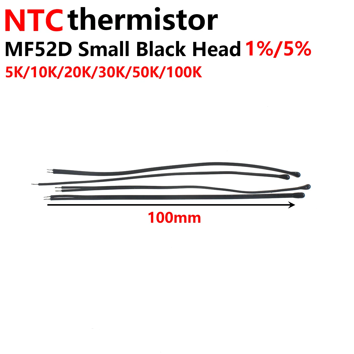 50 buah MF52A MF52D MF52B 100MM 10CM 2K 5K 10K 47K 50K 100K 1% 5%-102 NTC tahan Resistor termal