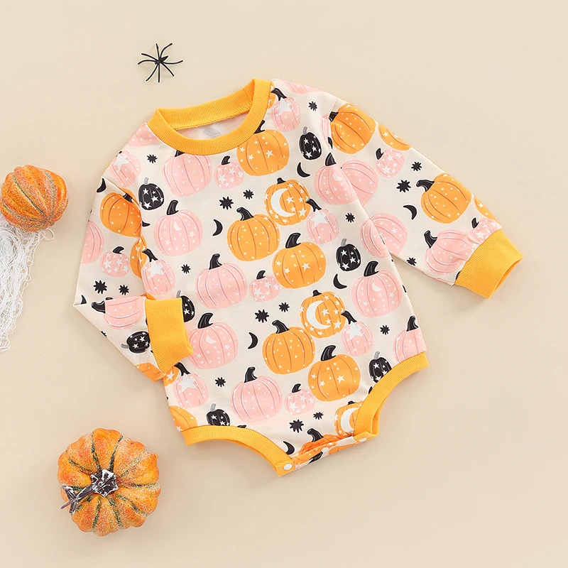 Halloween Costume  Adorable Ghost Print Long Sleeve Romper with Snap Closure Unisex Baby Toddler Jumpsuit for Fall