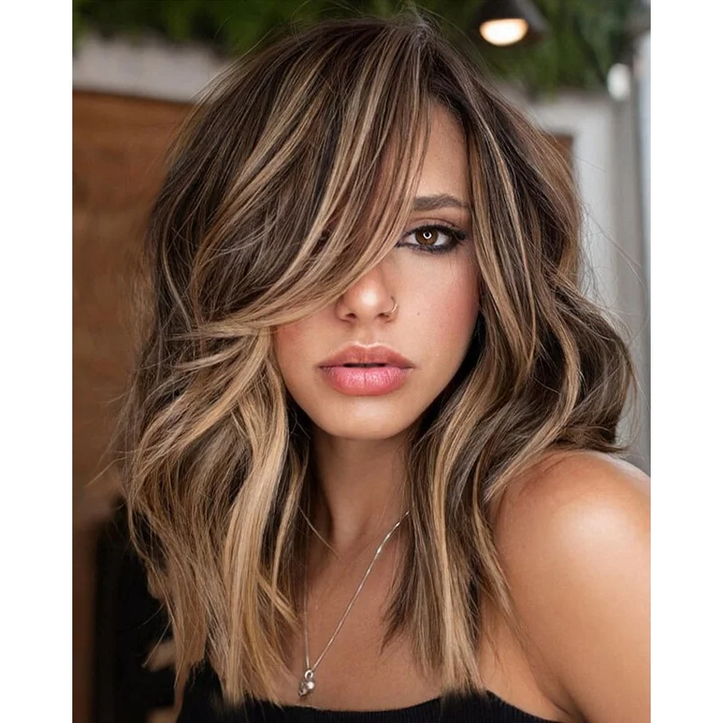 Short Human Hair Wigs Balayage Brown Honey Blonde Highlights Bob Lace Front Wigs