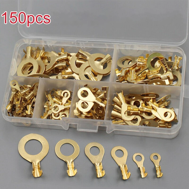 

150PCS Gold Insulated Copper Ring Crimping Terminal Wire Connector Electrical Kits Waterproof Round Grounding Lug