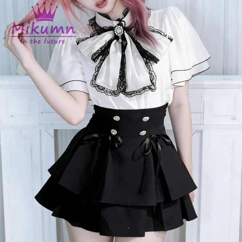

Mikumn Gothic Lolita Style Women 2 Piece Set Harajuku Sweet Bow Lace Ruffles Shirt+High Waist A-line Mini Skirt Cute Y2k Outfit
