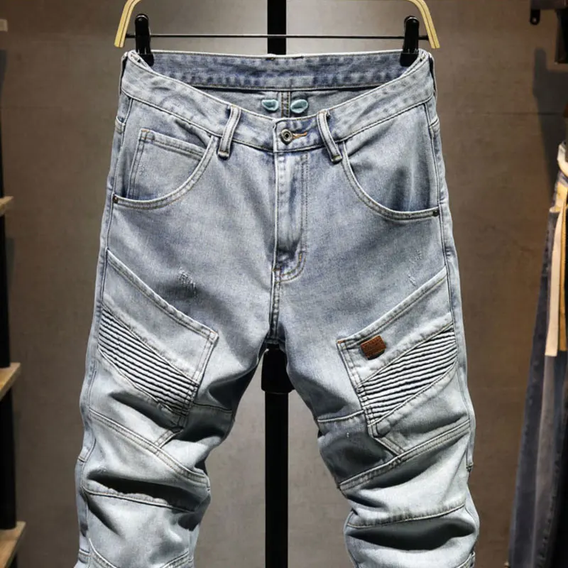 Street Designer Fashion Men Jeans Retro Light Blue Stretch Slim Fit Multi Pockets Denim Cargo Pants Patched Hip Hop Biker Jeans