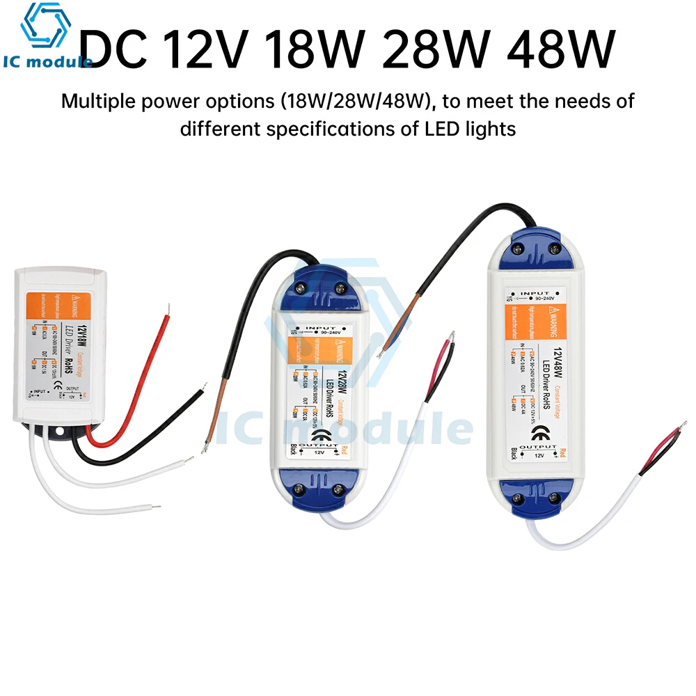 

12V LED Driver Switching Power Adapter AC 90-240V to DC 12V Power Supply 8W 28W 48W Power Adapter LED Strip Lighting Transformer