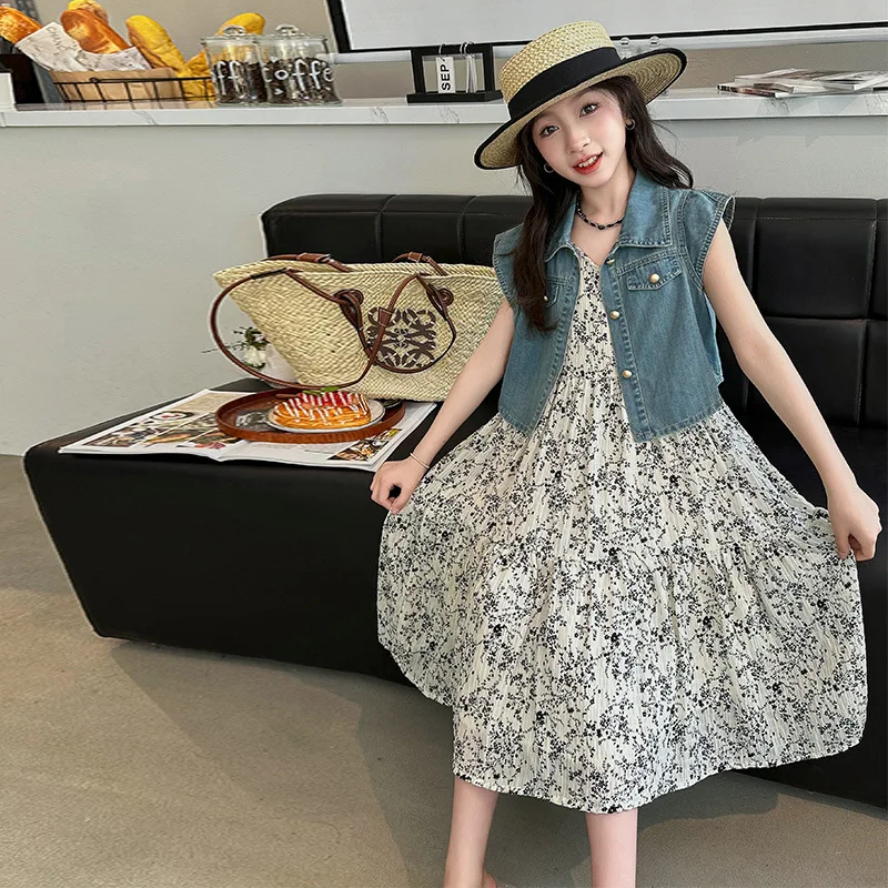 Teenager Girls Clothes Set Vest+Dress Suits Child 2-Pieces Of Denim Top+Floral Dresses Bottom Toddle Casual Dress Set Size 4-14Y