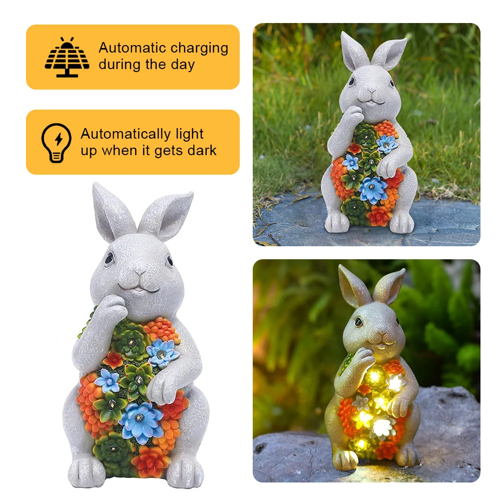 Solar Powered Rabbit Statue Lamp Resin Rabbit Figurine Light Creative Mini Rabbit Flower Sculpture Outdoor Courtyard Decoration