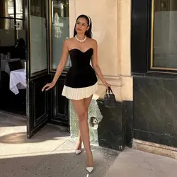 Putao Modern Black Velvet White A Line Short Party Dresses Corset Lace Up Back Evening Celebrity Formal Gown Mini Cocktail Dress