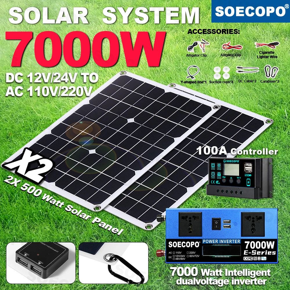 

SOECOPO 7000W Solar System Set 2×500W Panels Dual Voltage Inverter (DC 12V/24V to AC 110V/220V 2 Outlets)100A Controller Camping