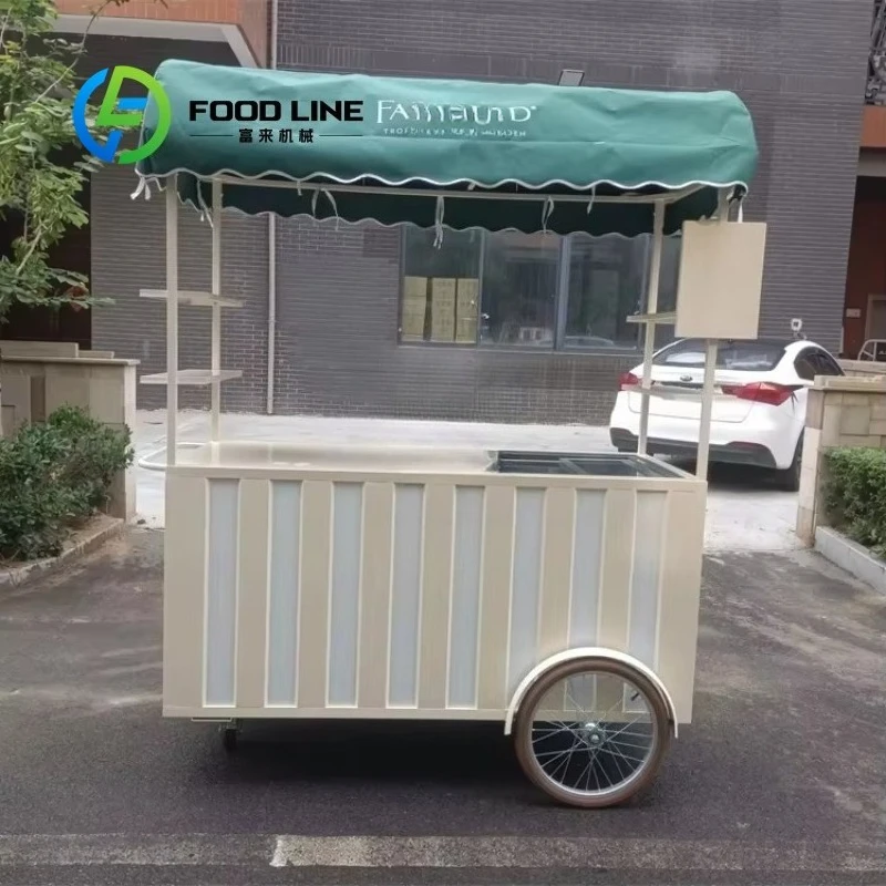 Customized White Hand Push Mobile Food Cart Commercial Street Vending Trolley For Ice Cream Juice Beverage Fast Food Outdoor
