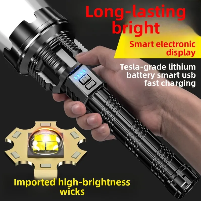 ABS LED Strong Light Flashlight USB Rechargeable Handheld Searchlight Lightweight Outdoor Long Range Bright Portable Durable