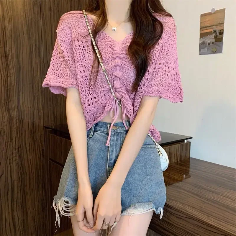

Hollow Out Pullovers Women Simple Harajuku Knitwear Lady Korean Style Crops Trendy Summer Basic Short Sleeve Casual Pure Chic