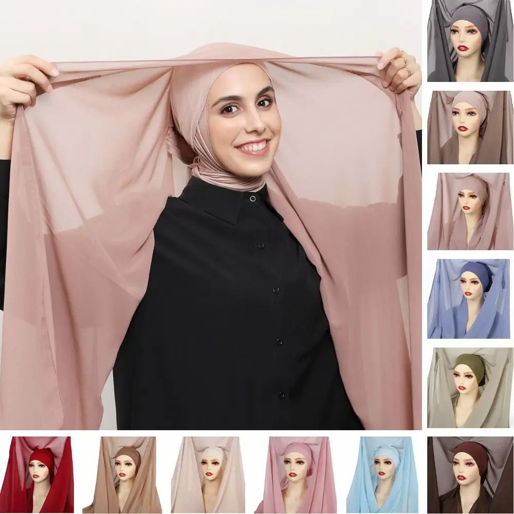 

2in1 Instant Chiffon Hijab Scarf Solid Color with Undercap Women Chiffon Shawl Bulit-In Magnets Easy To Wear