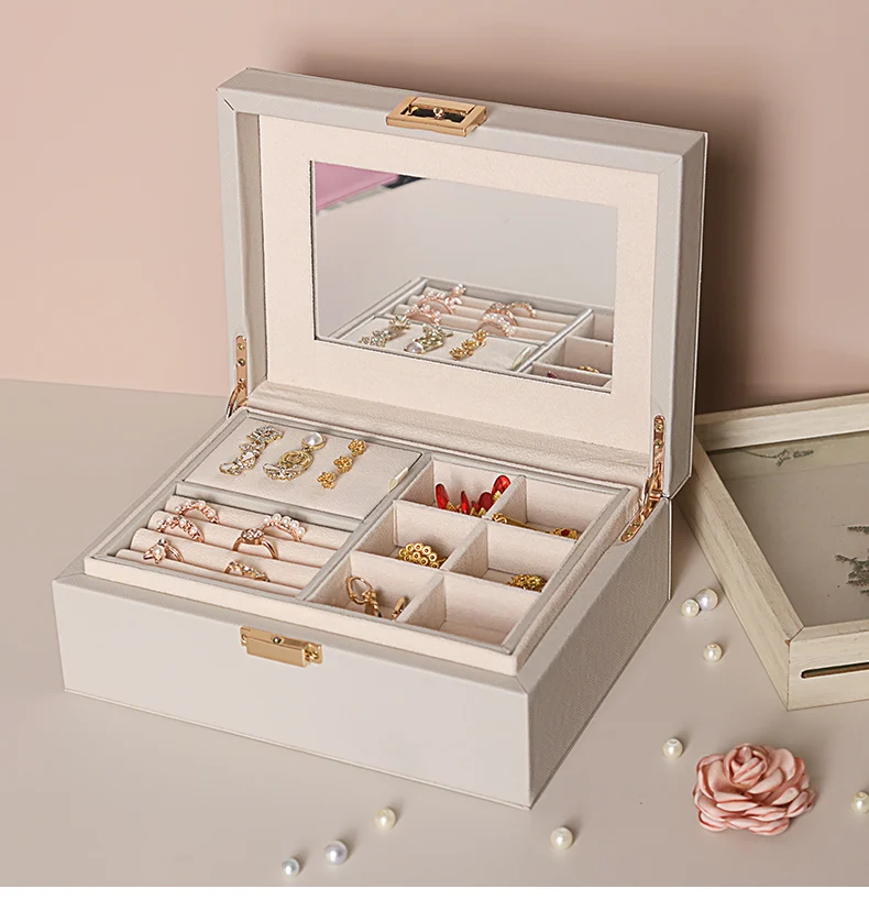 PU Jewelry Organizer with 2-layer Jewelry Box Ring Earring Necklace Watch Storage Collection for Girls Women Christmas Gifts