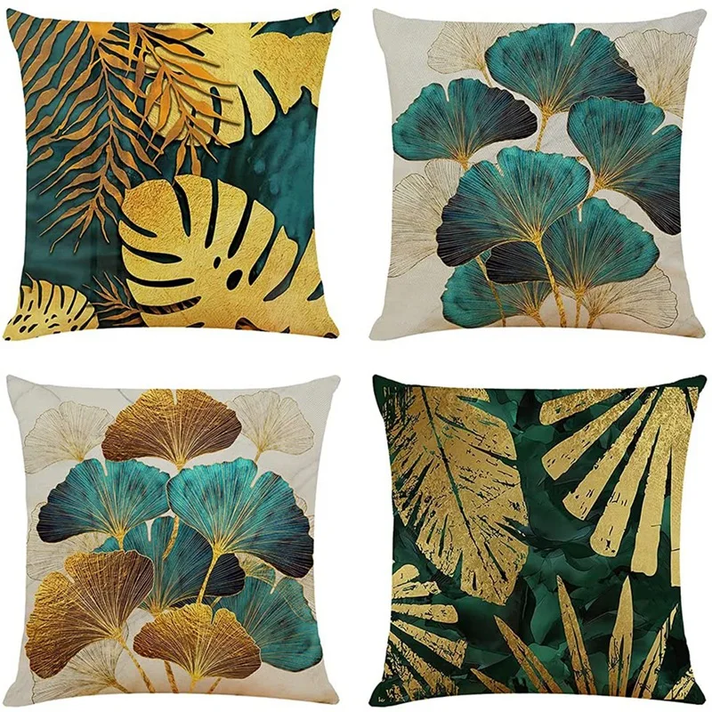 Promotion! Square Throw Pillow Covers Pack Of 4 Green And Gold Leaves Cushion Covers Linen Sofa Cushions 45Cm X 45Cm