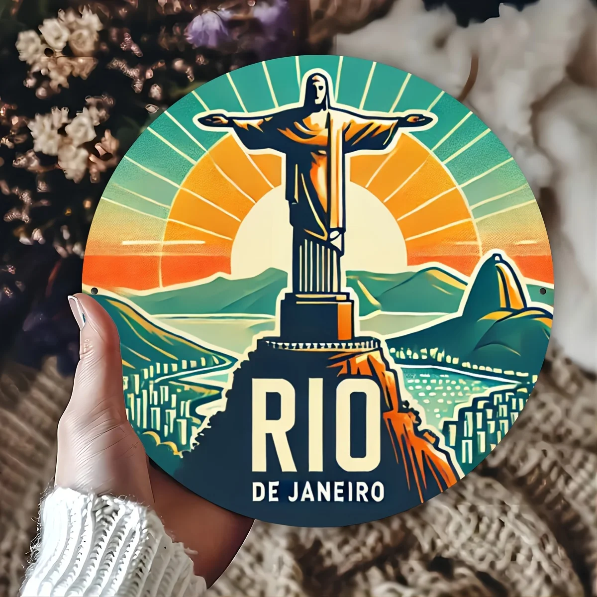 تمثال ريو دي جانيرو الأيقوني من الألومنيوم - مستدير 8 × 8 بوصة، مثالي لديكور المنزل والعطلات، الباب الأمامي، الجدار #3