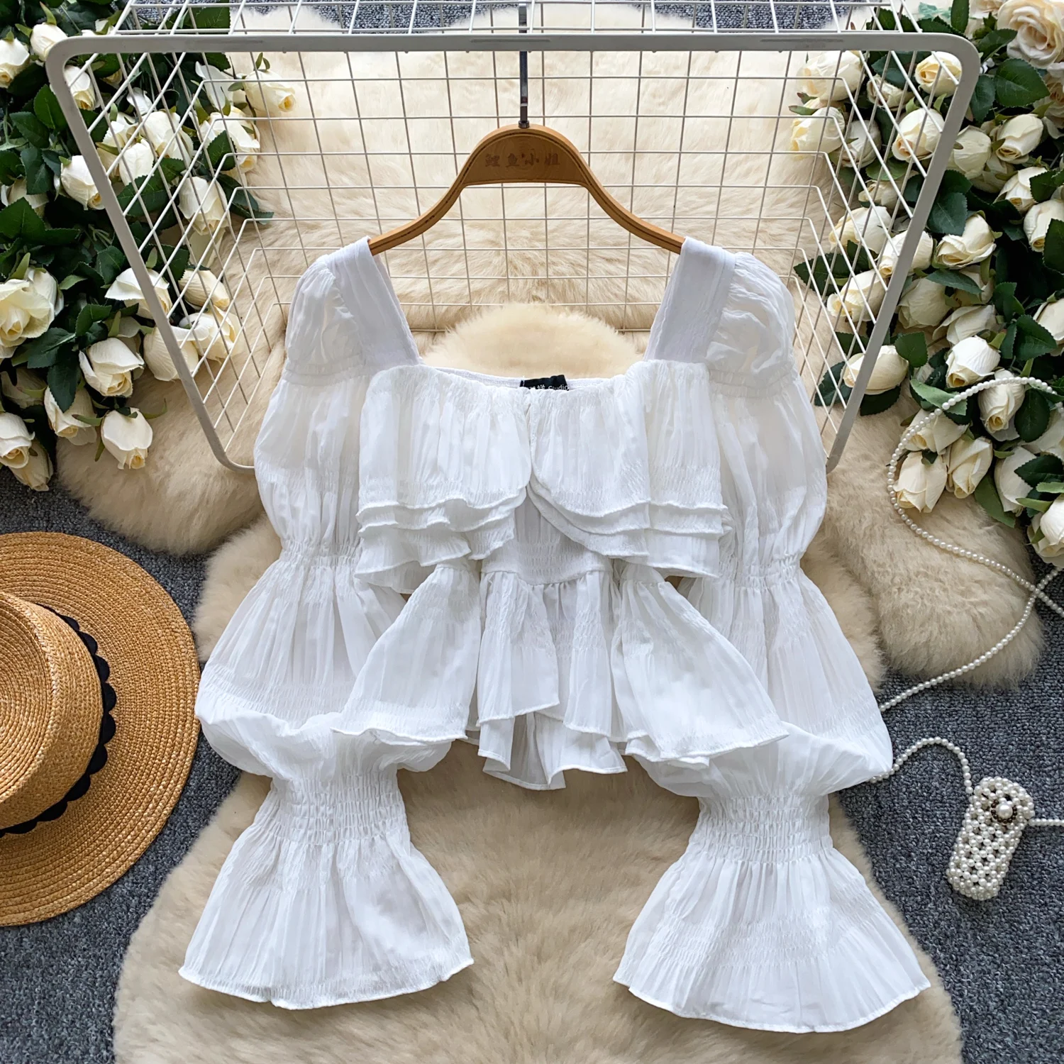 

Винтажная блузка с квадратным вырезом, многоуровневая тонкая элегантная модная женская рубашка с длинными рукавами, женская одежда