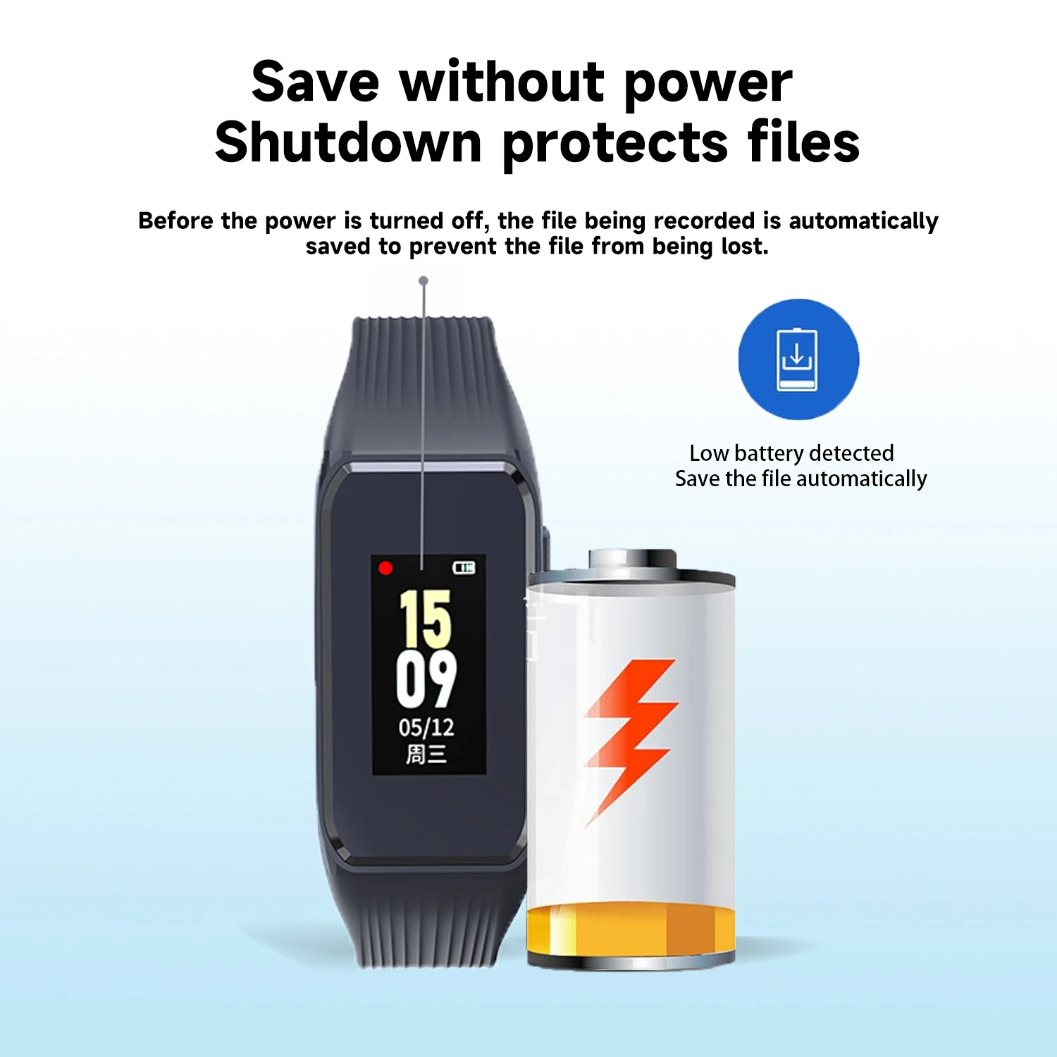 Vandlion V67 مسجل الصوت الرقمي المنشط سوار ساعة الحد من الضوضاء HD تسجيل بنقرة واحدة تسجيل الإملاء