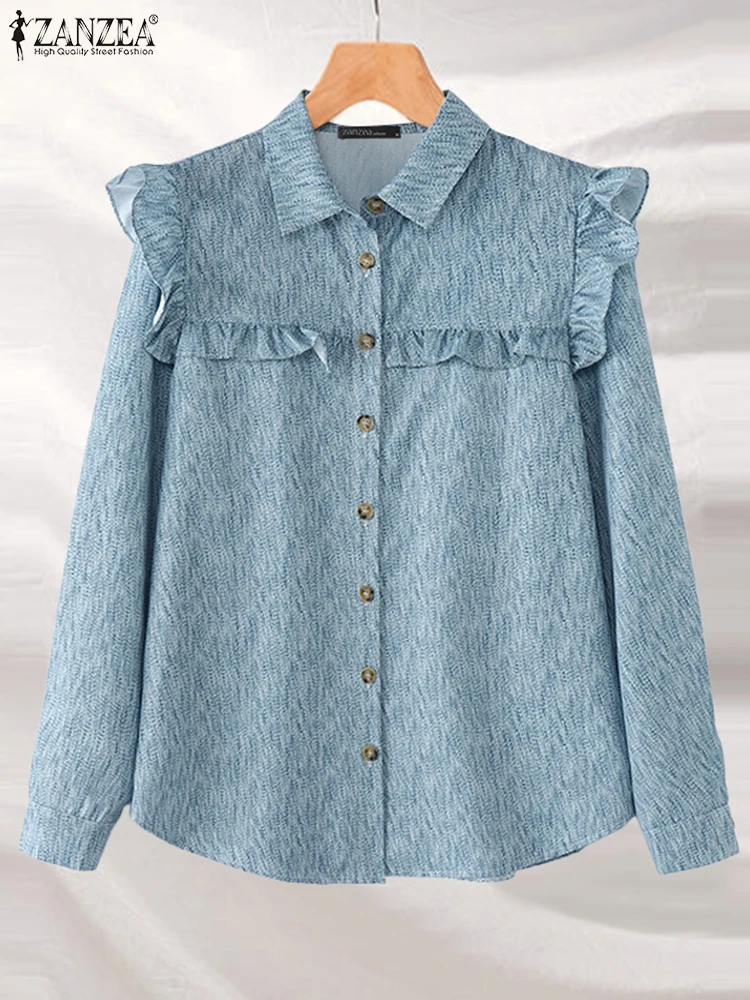 

ZANZEA Holiday Turn-Down Collar Shirt Women Shirts Fashion Ruffles OL Work Blusas Spring Long Sleeve Tops Tee Casual Print Tunic