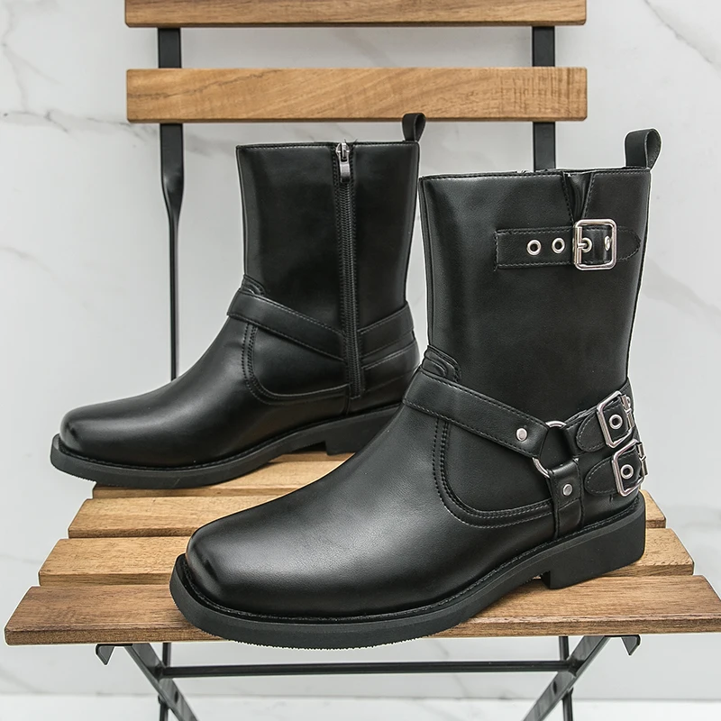 Men's Shoes New Trend Western Boots High Top Men Motorcycle Boots for Men Fashion Outdoor Ankle Boots Metal Buckle Walking Shoes