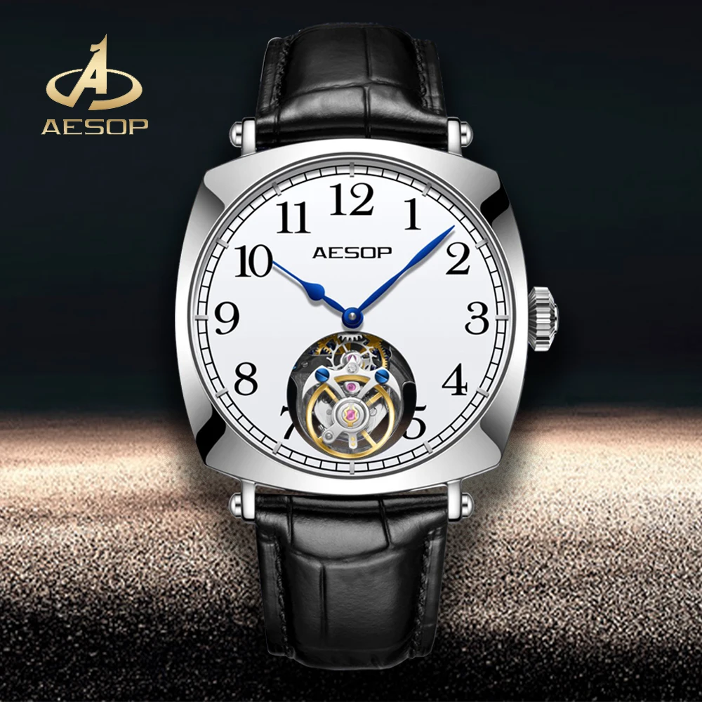 

AESOP Flying Tourbillon Mechanical Skeleton Movement Watch for Men Sapphire Luxury Business Simplicity Watches Mens Square 7068