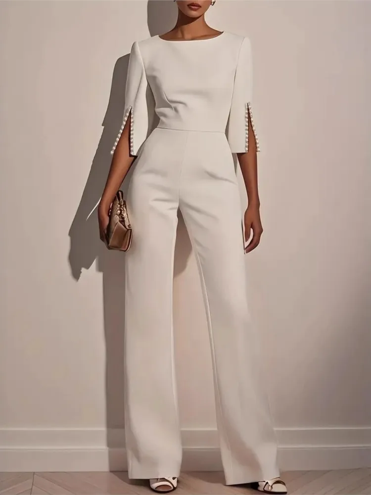 

Fashion O-neck Half-sleeved Jumpsuits For Women Spring Autumn Solid Color Elegant Bead Design Slim Casual Jumpsuits Female