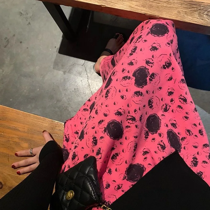 Summer Ladies New Pink Printing Elastic Waist Mid-Length AWord Skirt