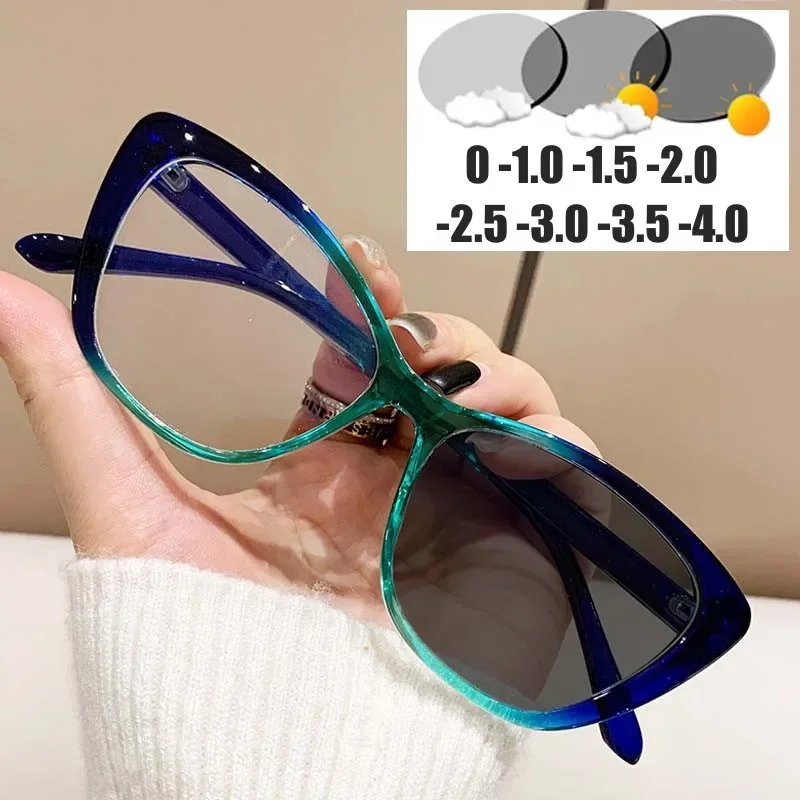 Photochromic Cat Eye Myopia Glasses for Women Outdoor UV Protective Near Sight Eyewear Color Changing Eyeglasses Diopter To -4.0