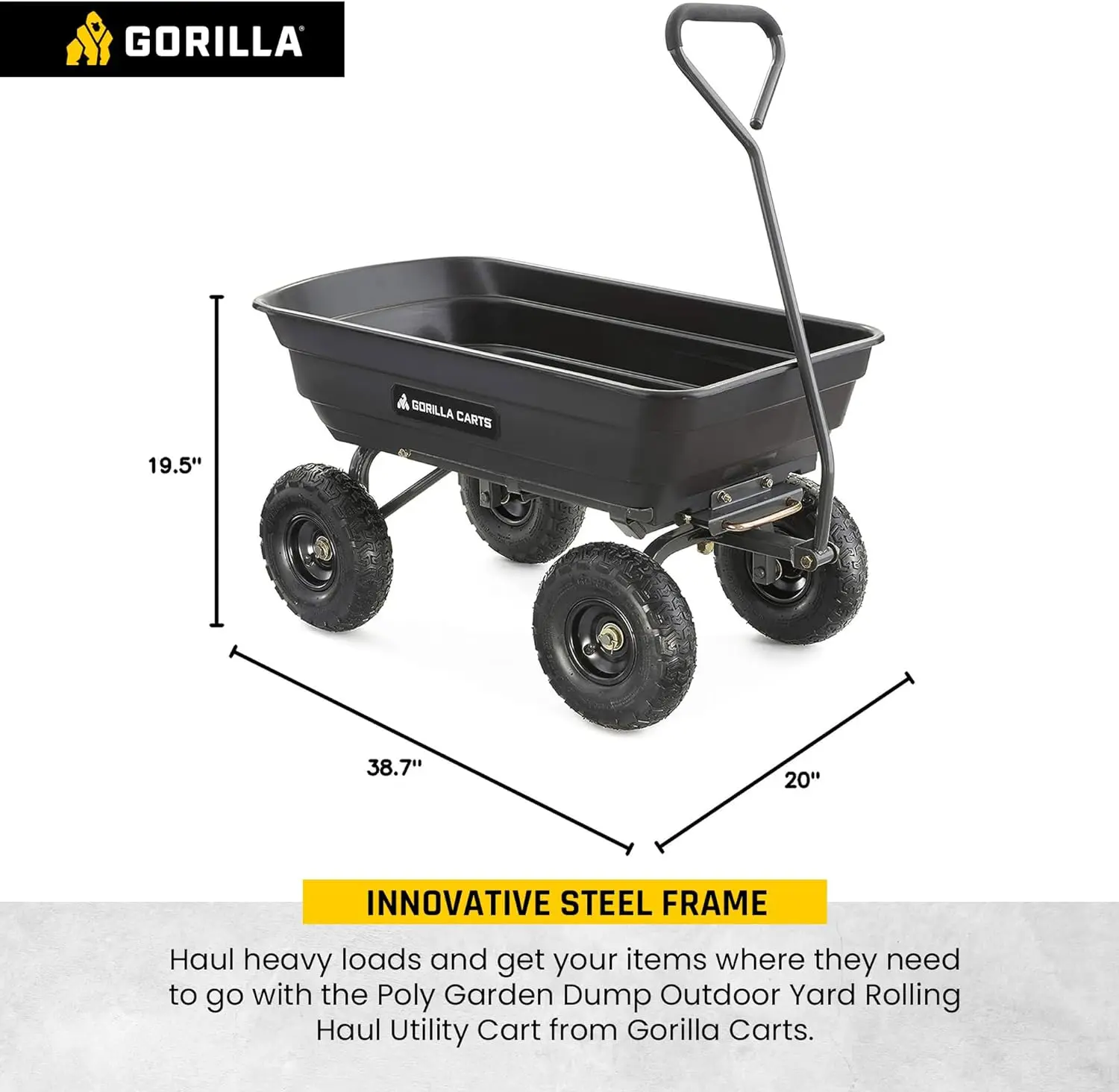 Gorilla Cart Poly Garden Dump Cart con telaio in acciaio facile da montare, carro da spiaggia da campeggio con sistema a sgancio rapido, tappo da 600 libbre