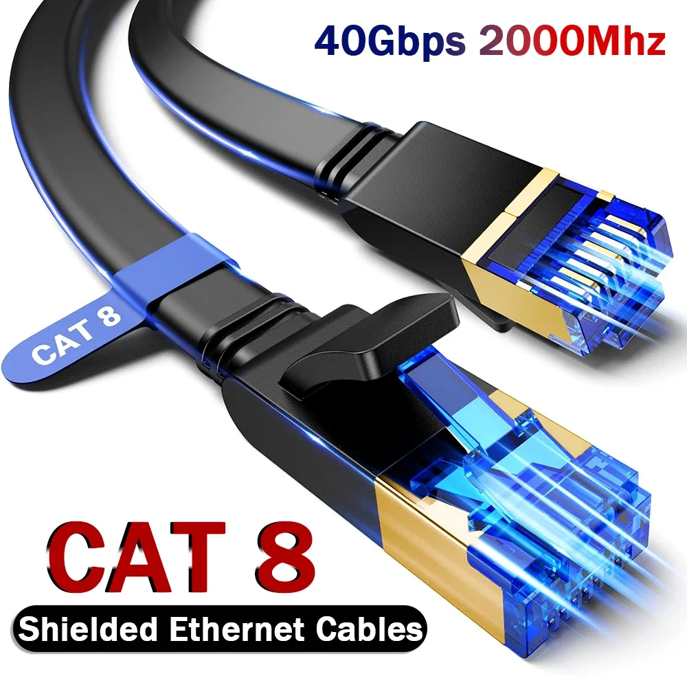 Cat 8 Ethernet Cable Flat High Speed 40Gbps 2000Mhz Internet Cables Network Cord RJ45 Shielded Indoor LAN Cables for PC Modem