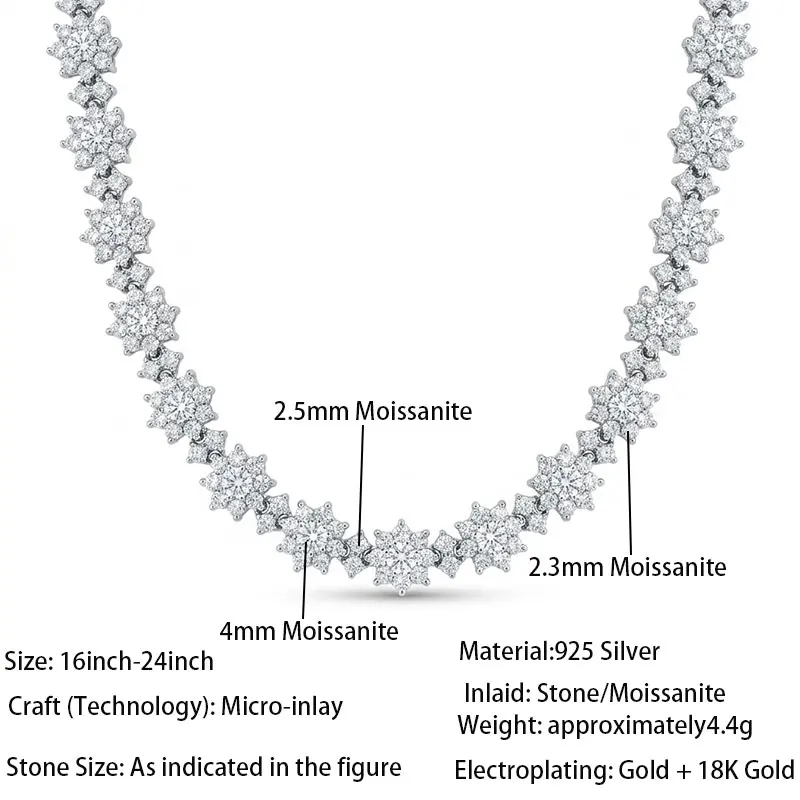 Sunflower Moissanite Tennis Necklace, Rhodium Plated S925 Silver, Adjustable 16-24Inch Wedding Jewelry