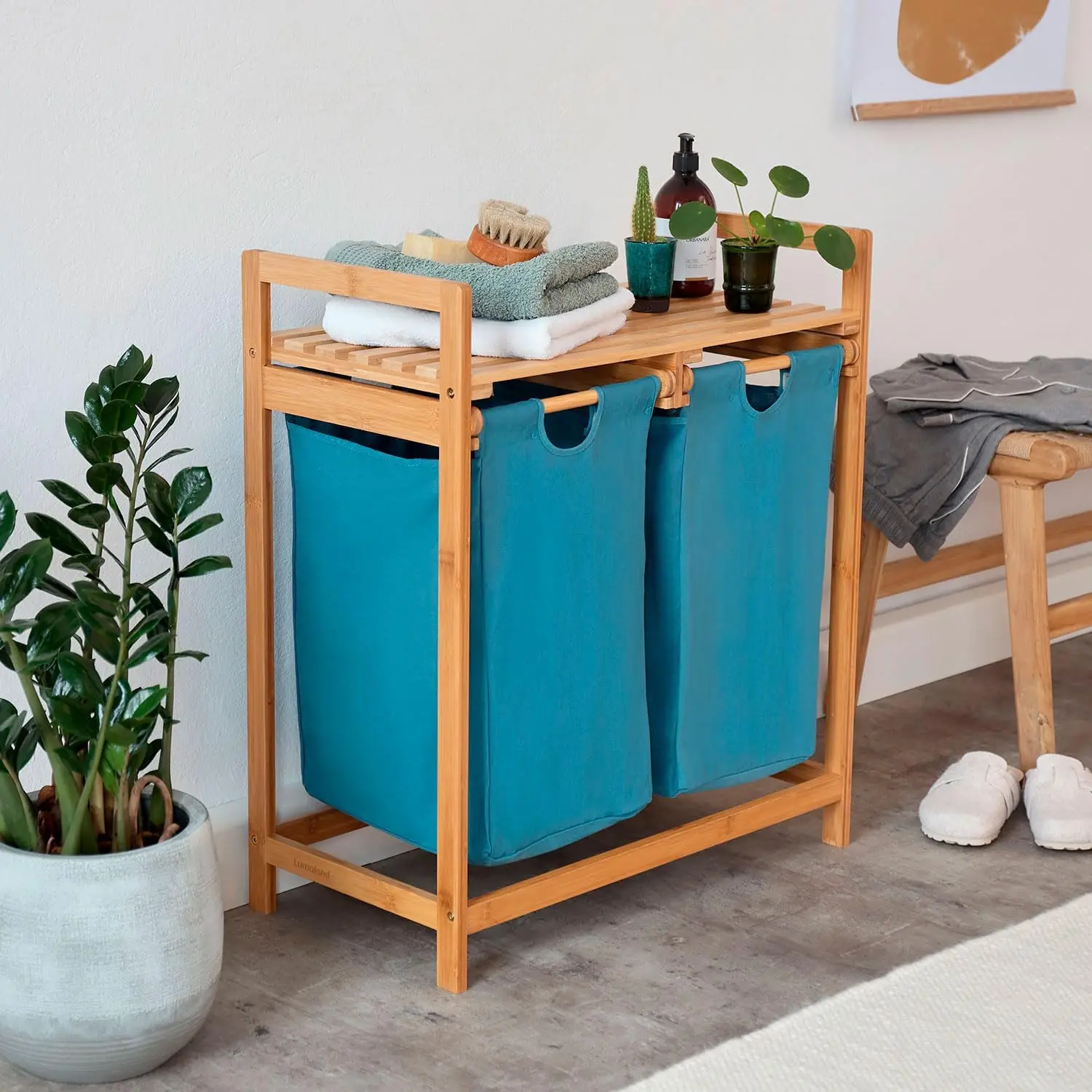 2-Section Double Laundry Storage Bag Basket with Removable Storage Bag, Space-Saving Basket Duo with Clothing Handles