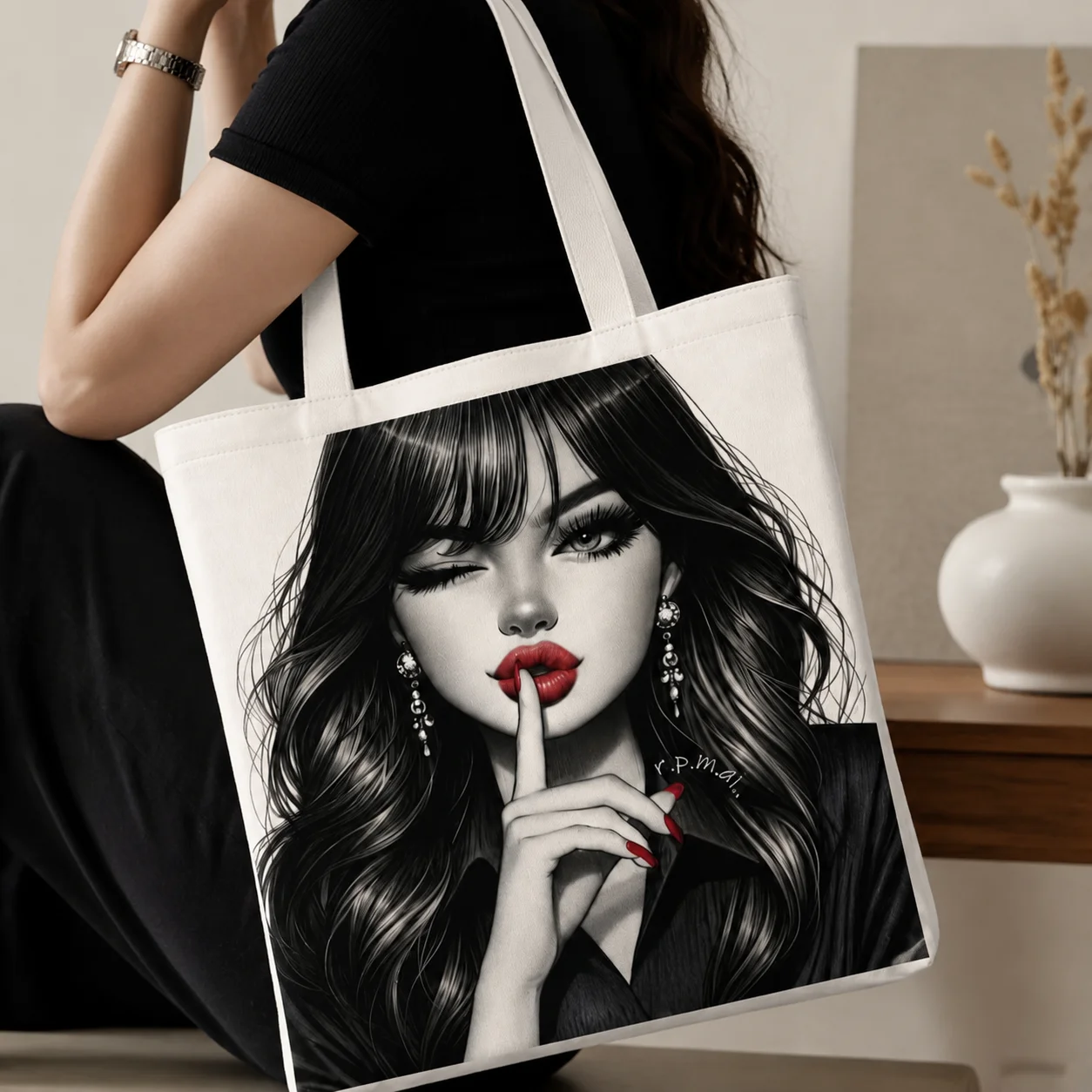 Black White Art Girl Portrait Canvas Shoulder Bag Sexy Winking Lady Print Eco Friendly Reusable Tote Bag Daily Commute Handbag