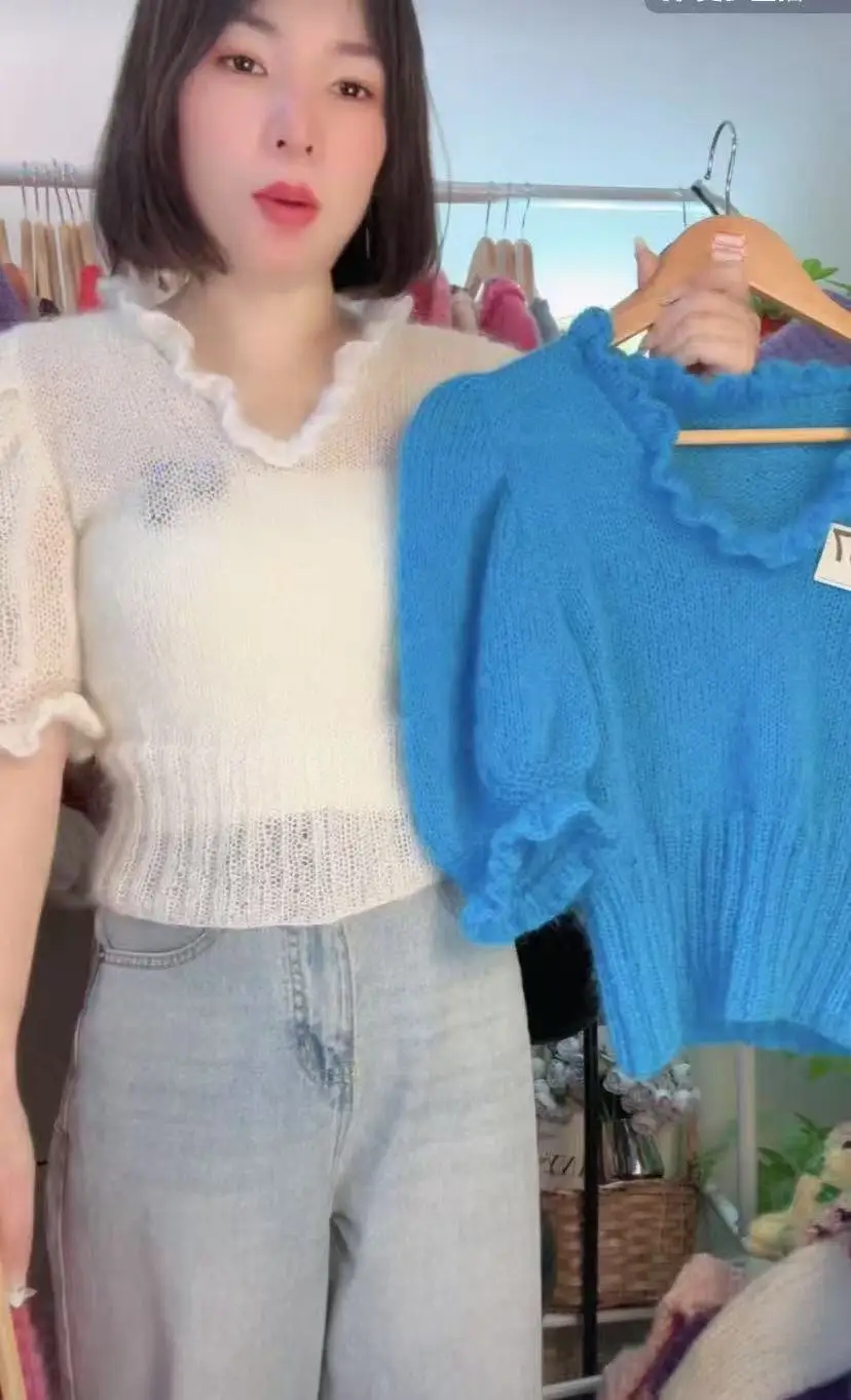 Celebrity Spring/Summer New Handwoven Loose Lazy Round Neck Pullover, Mohair Sweater, Women's Knitted Sweater Top Handwoven