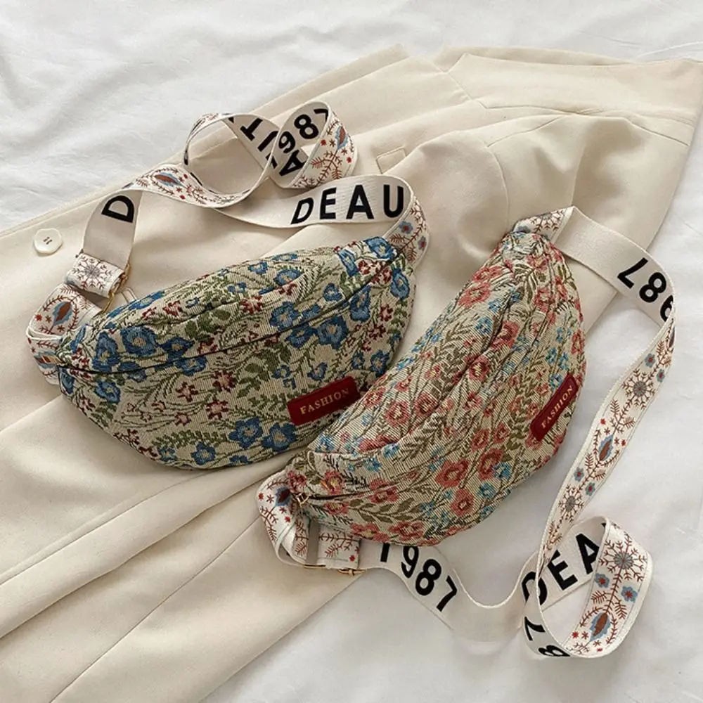 

Nylon Canvas Crossbody Bag Zipper Large Capacity Canvas Chest Bag Half Moon Belt Bag Message Bag Flower Waist Bag Streetwear