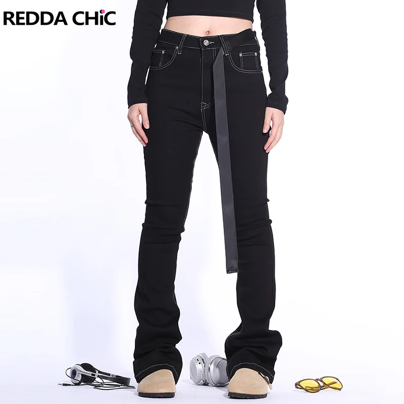 REDDACHiC Vintage Women Wax Coated Black Flare Jeans Flowy Belt Slim Fit Low Waist Stretch Bootcut Pants Y2k Harajuku Streetwear