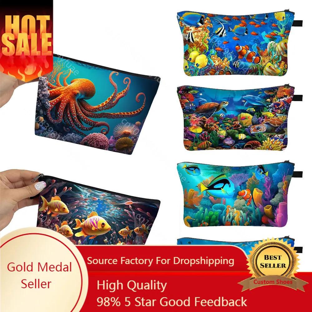 

Shark/Dolphin/Turtle Cosmetic Bags Woman Fashion Travel Storage Bag Ladies Underwater World Design Handbag Girls Makeup Bags