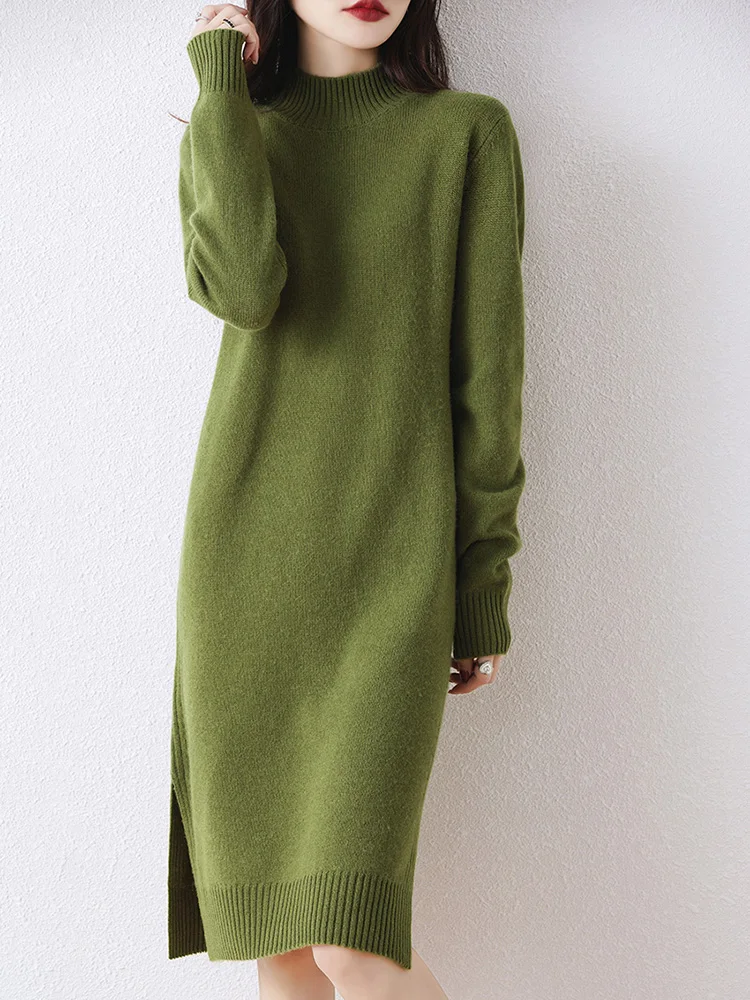 

Women's Cashmere Dress Mock Neck Pullovers Sweater Autumn Winter 100% Merino Wool Knitwear Knee Length Thick Warm OL Dress