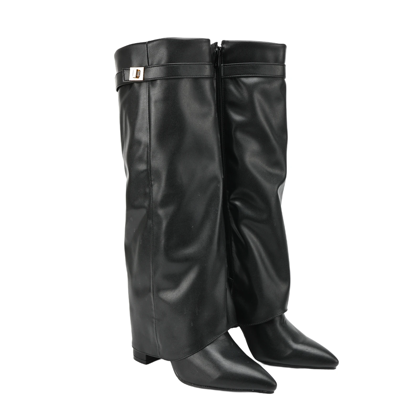 New Pointed Straight Leg Boots Women Knee Length Folding Boots with Metal Buckles Fashionable Mid Leg Boots In Multiple Colors 5