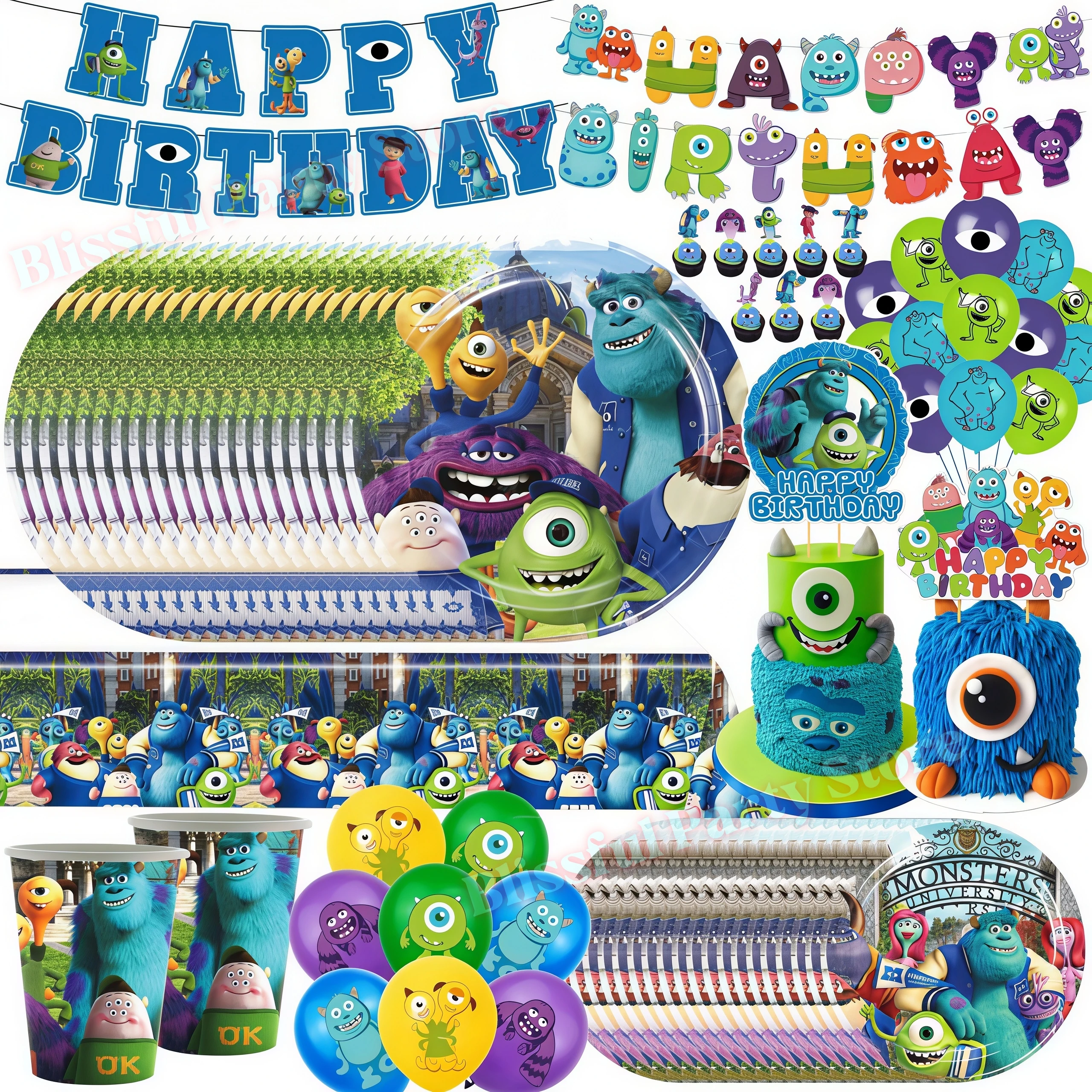 Kit de décoration de fête d'anniversaire Monsters University, vaisselle, gobelet, assiette, serviette, bannière, ballons, cadeau pour enfant, fournitures pour baby shower