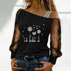 Sequin Print Blouse For Women Plus Size Mesh Long Sleeve Cold Shoulder Loose Splice Blouse Tops Summer Blouses 2024 Hot Selling