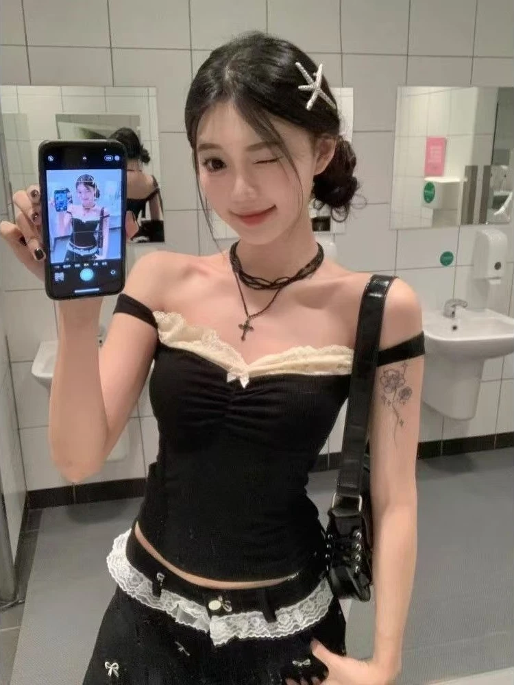 American One-shoulder Sleeveless Vest Female Summer Lace Patchwork Slim Suspenders Hot Girls Sexy Off Shoulder Skinny Outfits