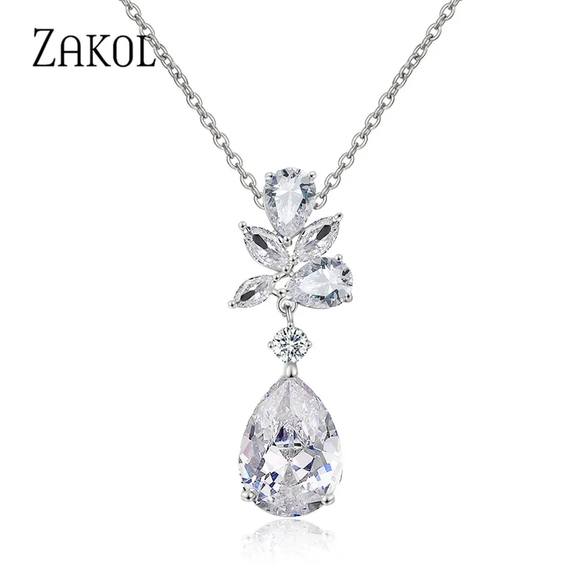 ZAKOL Fashion Water Drop Cubic Zirconia Pendant Necklace for Women Sliver Color Leaf Bridal Wedding Party Jewelry NP2143