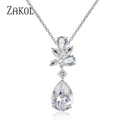 ZAKOL Fashion Water Drop Cubic Zirconia Pendant Necklace for Women Sliver Color Leaf Bridal Wedding Party Jewelry NP2143