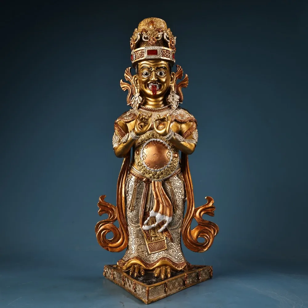Nepal Tibet Handmade High Relief Tashi Lhamo Buddha Statue Gold Silver Dragon Engraved Home Decor